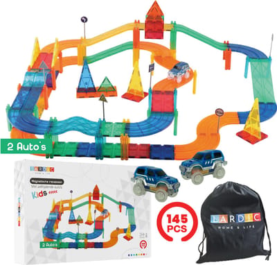 Lardic Magnetisch Speelgoed Racebaan Zelfrijdende auto's - 145 Stuks - Magnetic Tiles - Bouwspeelgoed - Bouwblokken - Magna - Magneten Speelgoed - Magnetische Tegels - Bouwstenen - Montessori Speelgoed - Mind Educatief Speelgoed - Jongens & Meisjes