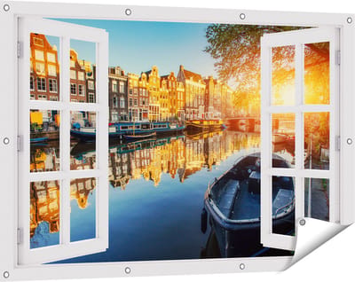 Gards Tuinposter Doorkijk Amsterdamse Gracht bij Zonsondergang - 120x80 cm - Tuindoek - Tuindecoratie - Wanddecoratie buiten - Tuinschilderij