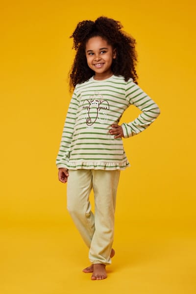 Woody pyjama velours meisjes/dames - muntgroen gestreept - mammoet - 232-10-PDL-V/923 - maat 164