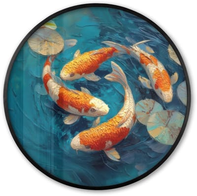 Poster in lijst Rond - Fotolijst 60x60 cm - Posters - Vissen - Waterlelies - Oranje - Water - Ronde posterlijst zwart - Decoratie - Wanddecoratie woonkamer - Muurdecoratie slaapkamer