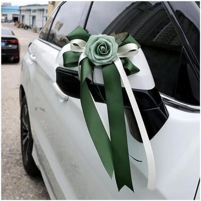 6 stuks autolint met zijden bloemen, bruiloftsstrikken, satijnen lint, bruiloft, autoversiering, bruiloftsauto, strik, bruiloftsdecoratie voor bruidsauto, bruiloftsfeest, groen