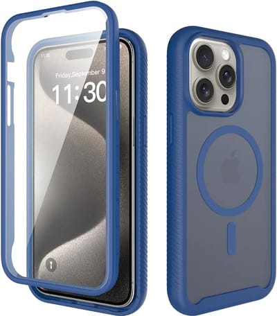 Hoesje met Ingebouwde Screenprotector Geschikt voor Apple iPhone 15 Pro Max - Compatibel met MagSafe / Qi2 - Full Protect - Schokbestendige Beschermhoes - Case Matte Blauw