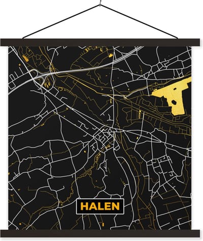 Posterhanger incl. Poster 60x60 cm - Schoolplaat - Halen - Goud - Plattegrond - Kaart - Stadskaart - Textielposter - Zwarte latten - Stadskaart
