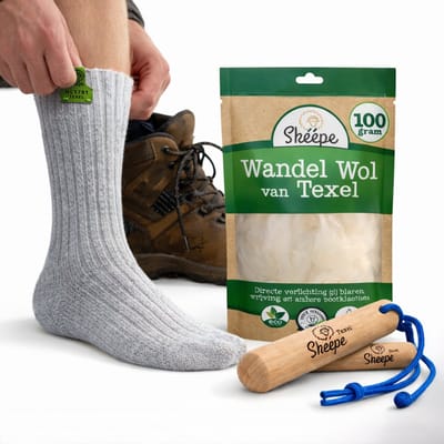 Skéépe Wandelpakket Heren – Wandelwol 100g – Lichtgrijze wandelsokken (36-38) – Wandelhout