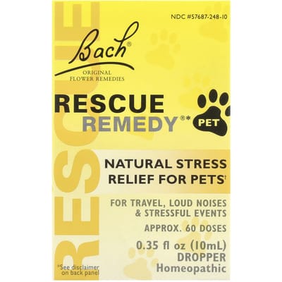 Bach, Original Flower Remedy, Rescue Remedy, Natuurlijke Stressverlichter voor Huisdieren, Druppelaar, Alcoholvrij, 0.35 fl oz (10 ml) yellow