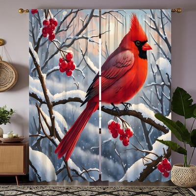 2 stuks HD rode fruitboom sneeuwvogel decoratief gordijn Rood digitaal bedrukt gordijn huisdecoratie stijl decoratie woonkamer W52H63inchW132H160cm red