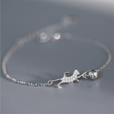 Nouveau Chat Mignon Cristal Flash Jouant avec une Balle Cloche Ronde Argent Sterling 925 Bijoux Personnalité Luxe Cadeau Femme Bracelets Sl092 gray