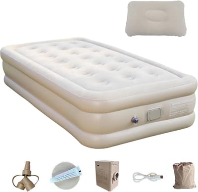 Campingluchtmatras - Kampeerbed Slaapmat - Buiten slapen - Zelfopblaasbaar met pomp - 38x34x34 cm - Beige