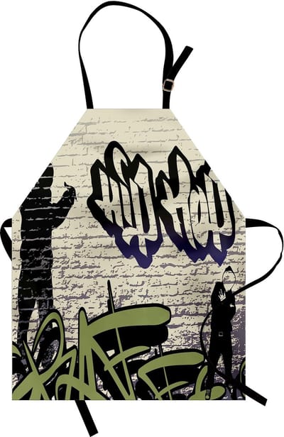 ABAKUHAUS Hip-hop kookschort, underground-hiphop graffiti-kunst op gebouwen en muren, grunge-achtergrond bedrukt, kleurvaste digitale afdruk, in hoogte verstelbaar, wasbaar, meerkleurig