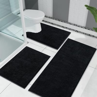 Famanu – Badmatset - luxe zachte antislip badkamertapijt - waterabsorberende - machinewasbare toiletmatset voor badkamervloer (zwart - 45 x 65 + 45 x 120 + U50 x 60 cm)