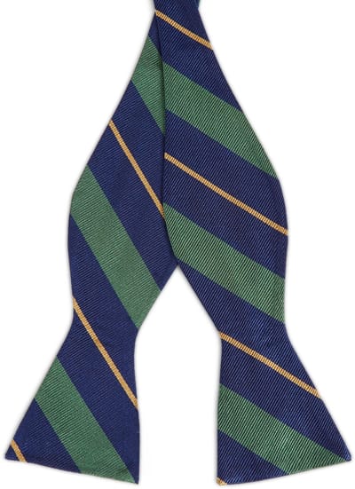 Marineblauwe Zijden Zelfbinder Vlinderdas met Groene & Goudkleurige Accenten