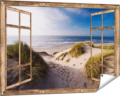 Gards Tuinposter Doorkijk Strand en Duinen - 120x80 cm - Tuindoek - Tuindecoratie - Wanddecoratie buiten - Tuinschilderij