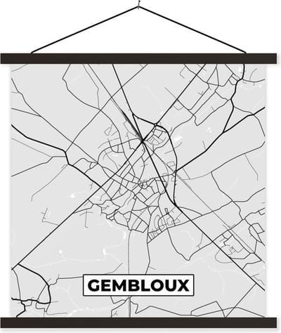 Posterhanger incl. Poster 60x60 cm - Schoolplaat - Zwart Wit – België – Plattegrond – Stadskaart – Kaart – Gembloux - Textielposter - Zwarte latten - Stadskaart