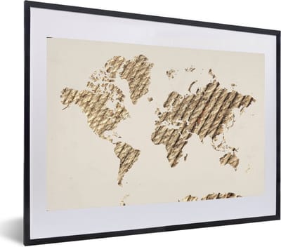 Poster in lijst - Fotolijst 60x40 cm - Posters - Wereldkaart - Touw - Bruin - Posterlijst zwart - Decoratie - Wanddecoratie woonkamer - Muurdecoratie slaapkamer