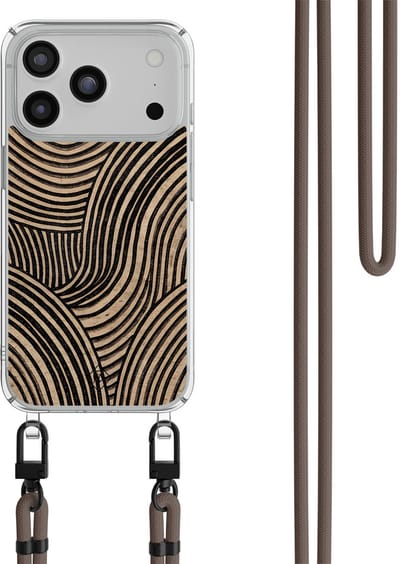 Casimoda® hoesje met bruin koord - Geschikt voor iPhone 17 Pro Max - Ebony Waves - Afneembaar koord - TPU/polycarbonaat - Bruin/beige