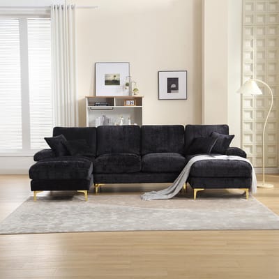 BLACKCOLORS (Oude referentie: W1880S00025)Grote moderne hoekbank van chenille met dubbele verstelbare zitting voor woonkamer, slaapkamer, kantoor, appartement, villa, salon, huis bij de open haard
