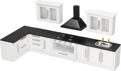 Poppenhuis Keukenmeubelset - Miniatuur Keuken Meubels - Poppenhuis Decoratie - Werkende Deuren Lades - 1:12 Schaal - Houtkleur