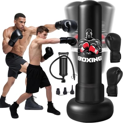 SnelShoppen - Volwassen Vrijstaand Opblaasbaar Bokszak 180cm met Handschoenen en Pomp - Kickboksen, MMA, Muay Thai Thuis Fitness