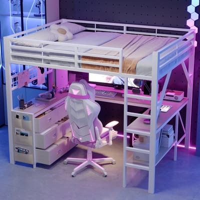 Metalen hoogslaper 140x200 - Gaming bed met bureau - Witte hoogslaper met lades - Multifunctioneel - 140x200 cm - Met LED - Slaapkamer Wit