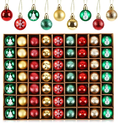Dailygoods - Anstore Kerstballen, 3 cm, rood, groen en goud, 63 stuks mini-kerstballen, onbreekbare ballen, hangende decoraties voor kerstboom, 9 stijlen, kerstboomversieringen voor feestdecoratie