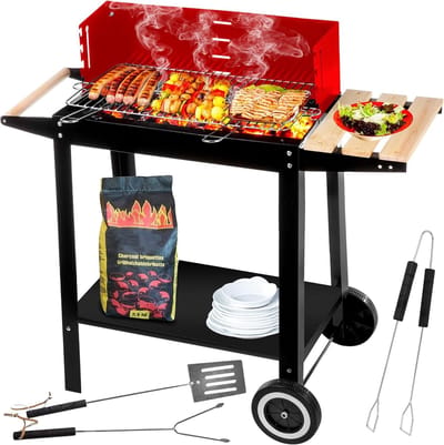 Dailygoods- Houtskoolbarbecue met chroomrooster 50 × 26,5 cm - Barbecue met wielen - Grill voor meerdere personen - Praktische plank - Klassieke houtskoolbarbecue