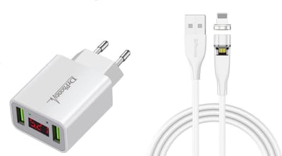 DrPhone ICO-1 - Magnetische Lightning Oplaadkabel 3A + 2-Poorts USB Thuislader 2.2A met LED Display - Wit