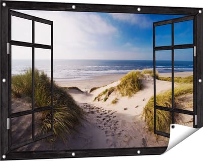 Gards Tuinposter Doorkijk Strand en Duinen - 120x80 cm - Tuindoek - Tuindecoratie - Wanddecoratie buiten - Tuinschilderij