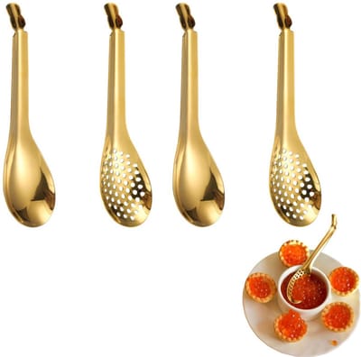 4-delige set – Kaviaarlepelset – Roestvrijstalen soeplepel – Serveerlepel – Kleine zeef – Dinerlepel – Moleculaire kooklepel – Voor kaviaar en het scheiden van eiwitten en eidooiers – Goudkleurig – 17 x 4 cm - Geschikt voor soepen, salades en diners