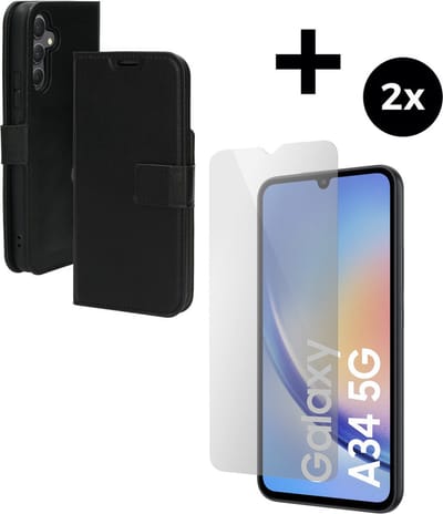 Mobiparts Classic Wallet hoesje geschikt voor Samsung Galaxy A34 (2023) 5G met 2 Screenprotectors van Gehard Glas - Zwart