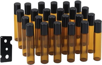 24 Stuks 10ml Bruine Roll-on Flessen van Glas met RVS Roller - Navulbare Lege Flessen voor Essentiële Olie, Lotion en Parfum Gebruik