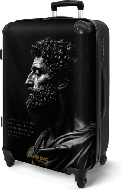 NoBoringSuitcases.com® - Koffer groot - Rolkoffer lichtgewicht - Zwart met Marcus Aurelius en quote - Reistrolley volwassenen - Reiskoffer met 4 wielen - Grote trolley XL - Travel luggage - 20 kg bagage - Ruimbagage
