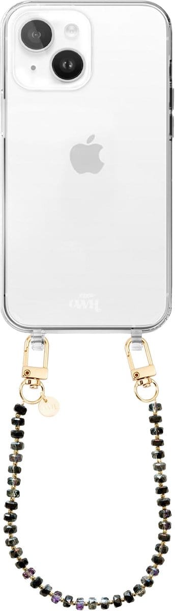 xoxo Wildhearts siliconen hoesje geschikt voor iPhone 15 Plus hoesje - Crystal (Zwart) - Telefoonhoesje - Hoesje met koord - Kristal ketting - Kristallen met gouden details - kort telefoonkoord - Transparant hoesje