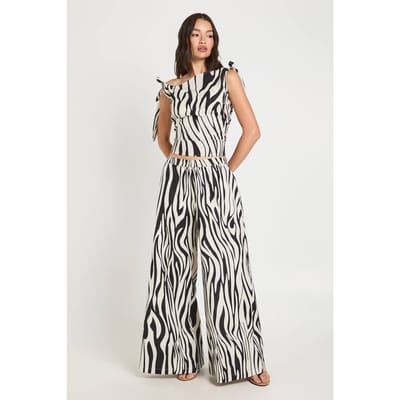 boohoo Dames Zebra Linnen Look Strikschouder Top & Extra Wijde Pijpen Broek Co-ord | Zebraprint | Maat: 34