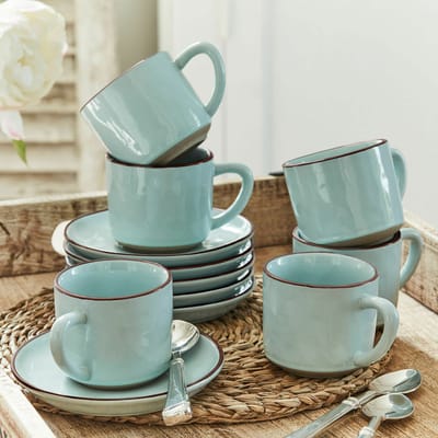 LOBERON Kopje en schoteltje set van 6 Biarré turquoise