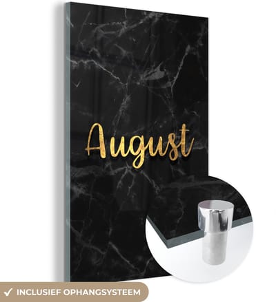 MuchoWow® Glasschilderij 40x60 cm - Schilderij acrylglas - Kalender - Augustus - Goud - Marmer - Foto op glas - Schilderijen