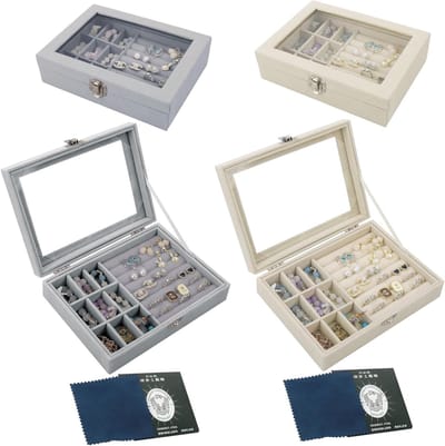 Sieradenopslag met Glazen Deksel, Fluwelen Sieradenbox, Horloge- en Oorbellenopslag met 9 Vakken, Inclusief Schoonmaakdoek voor Sieraden (Grijs-Beige)