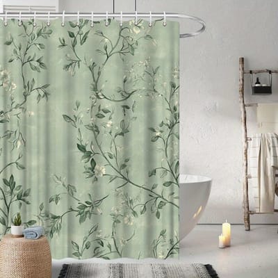 Vintage Botanisch Douchegordijn - Lichtgroen, Witte Bloemen & Bladeren, Polyester, Elegante Badkamerdecoratie W60H190(CM)-1 Pcs