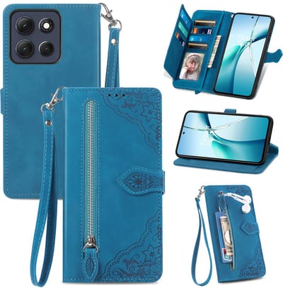 Telestore - Portemonnee met rits - book-case hoesje - 7 pasjes - mandala bloemen blauw - telefoonhoesje geschikt voor Motorola Moto G77 5G / Motorola Moto G67 5G