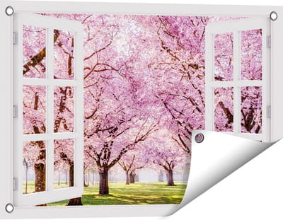 Gards Tuinposter Doorkijk Roze Bloesembomen Park - Bloemen - 60x40 cm - Tuindoek - Tuindecoratie - Wanddecoratie buiten - Tuinschilderij