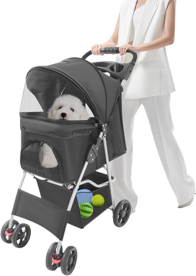 Opvouwbare Huisdierwagen - Reisbuggy Kat Hond - Comfortabel Transport - Schokabsorberende Veren - Tot 15 kg - Zwart