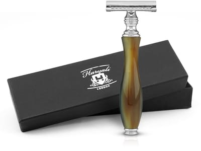 Haryali London Classic Double Edge (DE) veiligheidsscheermes verchroomd met gesloten kam voor heren en dames, Inclusief 5 Mesjes (Bruine Hoorn)