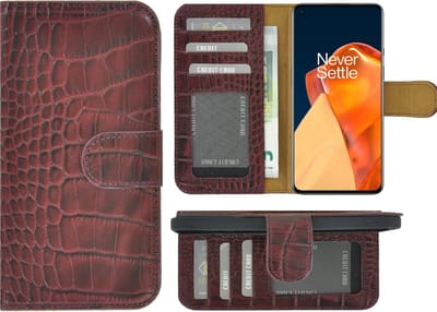 Hoesje Geschikt voor OnePlus 9 - Bookcase - Portemonnee Hoes Echt leer Wallet case Croco Bordeauxrood