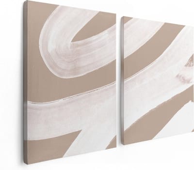 Artaza Canvas Schilderij Tweeluik Abstracte Kunst - Witte Strepen op Beige - 120x80 cm - Wanddecoratie Woonkamer - Schilderijen - Muurdecoratie