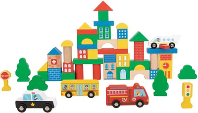 Tooky Toy Bouwblokken - FSC Hout - Stad - 50-Delig: Voertuigen en Gebouwen - Geschikt voor 2+ Jaar (Peuters) - Houten Blokken - Bouwstenen - Educatief & Montessori Speelgoed