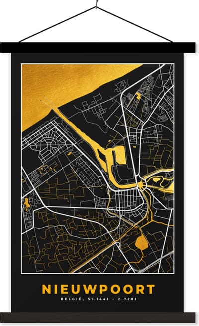 Posterhanger incl. Poster 40x60 cm - Schoolplaat - Kaart - Stadskaart - Plattegrond - Nieuwpoort - Goud - Textielposter - Zwarte latten - Stadskaart