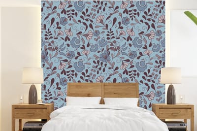 Behang - Fotobehang Patroon - Bloem - Grijs - Blauw - Breedte 220 cm x hoogte 240 cm