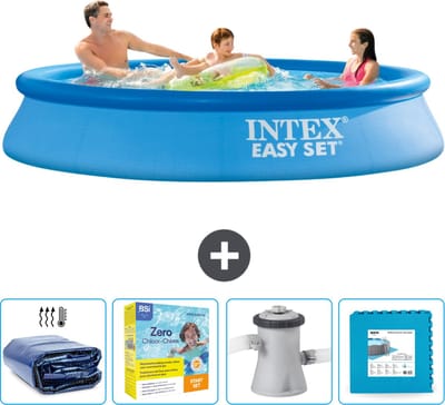 Intex Rond Opblaasbaar Easy Set Zwembad - 305 x 61 cm - Blauw - Inclusief Solarzeil - Onderhoudspakket - Zwembadfilterpomp - Vloertegels