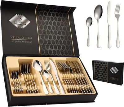 Solidchoice - Bestekset van roestvrij staal met geschenkdoos, 24-delig, bestekset voor 6 personen, met lepel, mes en vork, spiegelpolijstproces, vaatwasmachinebestendig, voor thuis, feest, restaurant