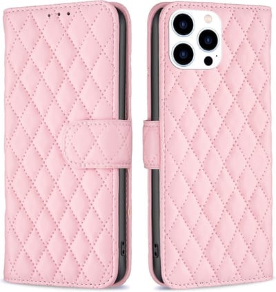 BINFEN Hoesje - Geschikt voor iPhone 16 Pro Max Hoesje - BINFEN Rhombus Book Case - Roze