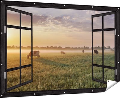 Gards Tuinposter Doorkijk Koeien in de Wei tijdens Zonsopkomst - 180x120 cm - Tuindoek - Tuindecoratie - Wanddecoratie buiten - Tuinschilderij